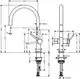 Hansgrohe Küchenarmatur mit um 360° schwenkbarem Auslauf und seitlichem Bedienhebel. Technische Zeichnung mit Maßangaben zur Installation und Funktion.